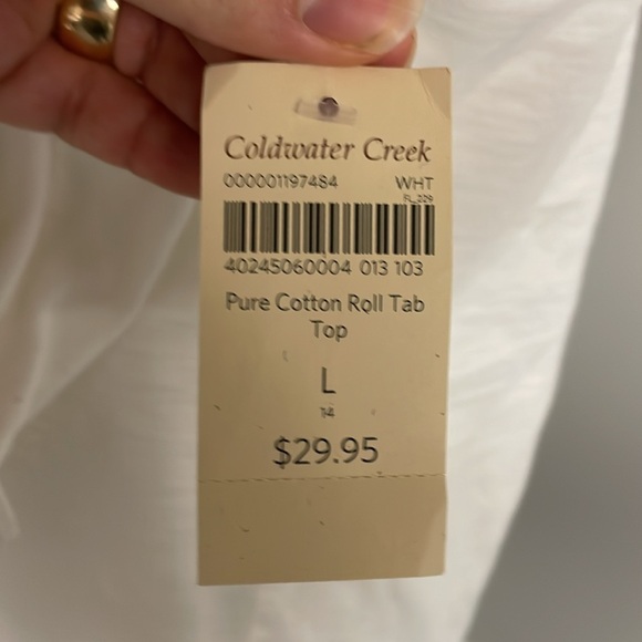 NWT Women’s Cold Water Creek Size:Large Roll tab sleeves White Scoop Neck Cotton - Picture 4 of 6